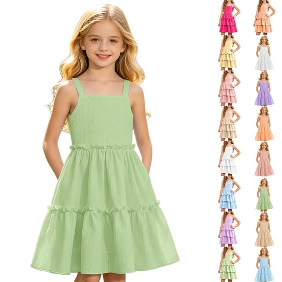 Bmisegm Girls Party Dress Elegant Backless Strap Design Solid Color Cake Dress for Big Kids without Sleeves Midi Dress for Summer 5-14 Years 01_Green,9-10 Years