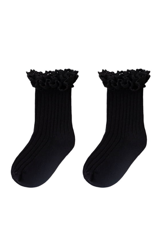 Girls Socks Childrens Lace Solid Color Double Needle Crew Pair Retro Ruffle Trim Spanish Style for Kids Ruffle Socks for Girls Black One Size
