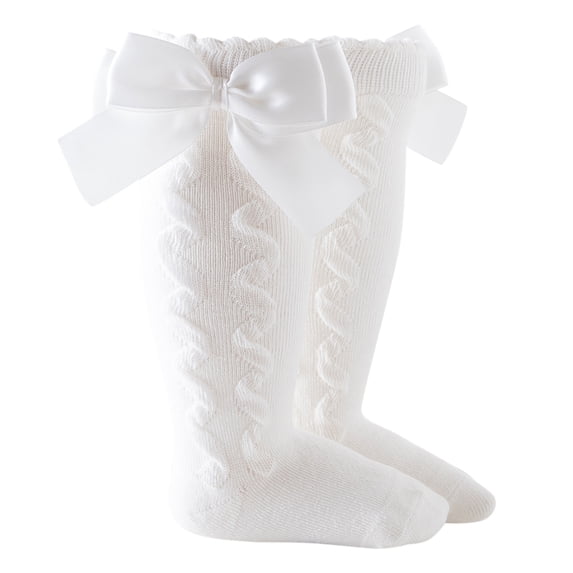 Bmisegm Girls Socks Mid Calf Length Knee High Stockings Solid Baby Toddler Spanish Double Bow Socks for Girls Beige_003 L