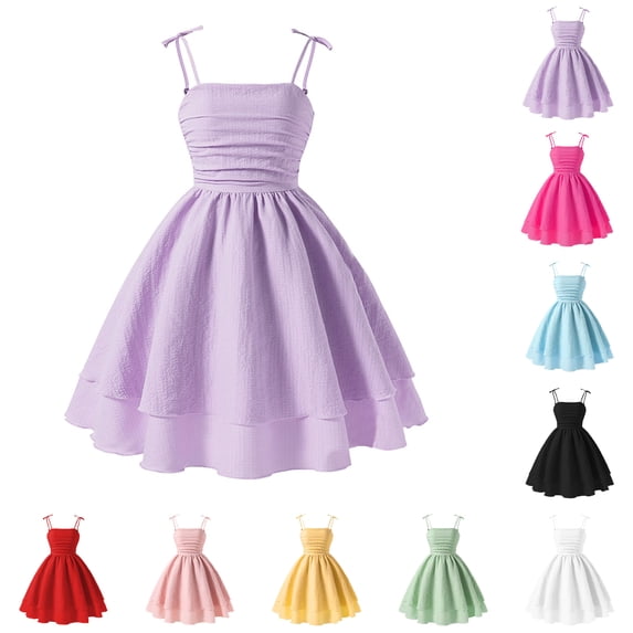 Bmisegm Girls Summer Dress Sleeveless Strappy Casual Elastic Comfortable for Outdoor Play Summer Midi Dress for Kids Age 8-12 Purple,10 Years