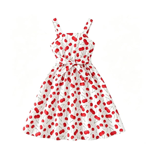Bmisegm Girls Summer Dresses Cherry Print Sleeveless A Line Swing Bowknot Waist Casual Toddler Summer Dress