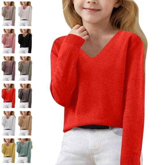 Bmisegm Girls Sweater V Neck Long Sleeve Knit Pullover Cozy Casual Top for Autumn Winter Children Kids Fall Sweaters
