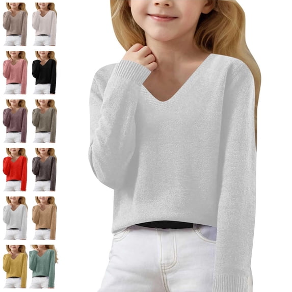 Bmisegm Girls Sweater V Neck Long Sleeve Knit Pullover Cozy Casual Top for Autumn Winter Children Kids Fall Sweaters