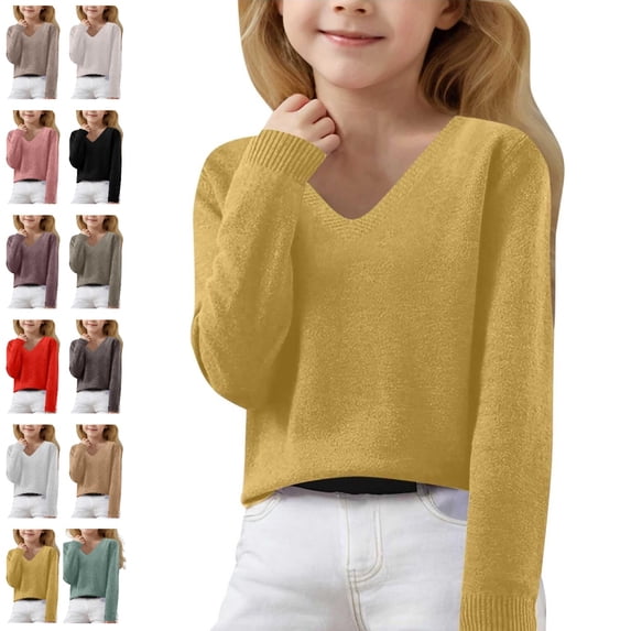 Bmisegm Girls Sweater V Neck Long Sleeve Knit Pullover Cozy Casual Top for Autumn Winter Children Kids Fall Sweaters