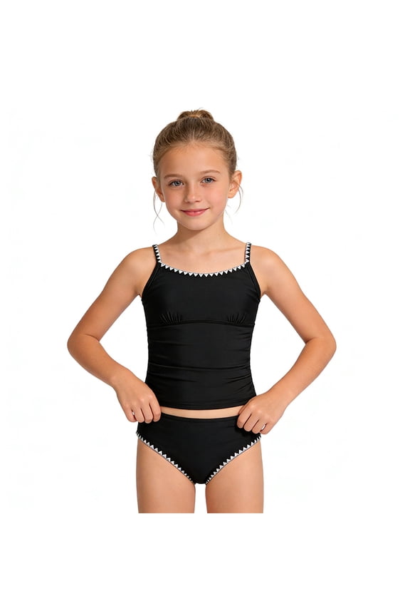 Girls Swimsuit Solid Color Contrast Trim Two Piece Bathing Suit with Padded Top for Extra Support Swimsuits for for Ages 8-14 Black,8-9 Years
