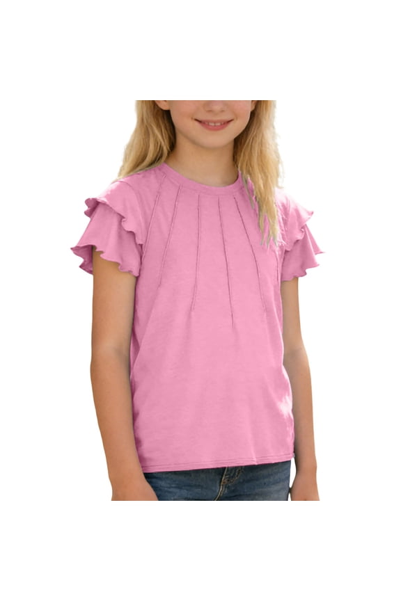 Girls T Shirts Girls Fashion Casual Top with Ruffle Pull String Detail Pure Color Short Sleeve Tee for Everyday Wear Cute Tops 5-12Y Pink,11-12 Years