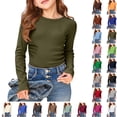 thumbnail image 1 of Bmisegm Girls T Shirts Girls Long Sleeve Ribbed Stretch Tee Slim Fit Casual Basic Top Comfortable Kids Shirt Ages 4-12Y Girls' Tops Tees & Blouses Army Green,8-9 Years, 1 of 5