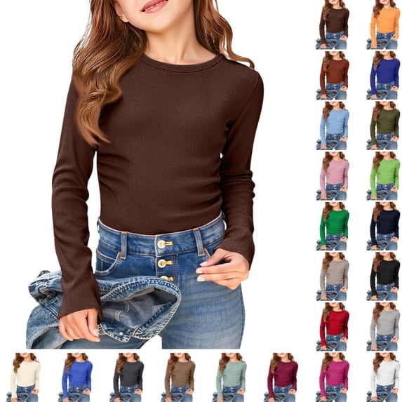 Bmisegm Girls T Shirts Girls Long Sleeve Ribbed Stretch Tee Slim Fit Casual Basic Top Comfortable Kids Shirt Ages 4-12Y Girls' Tops Tees & Blouses Brown,7-8 Years