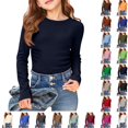 thumbnail image 1 of Bmisegm Girls T Shirts Girls Long Sleeve Ribbed Stretch Tee Slim Fit Casual Basic Top Comfortable Kids Shirt Ages 4-12Y Girls' Tops Tees & Blouses Navy,13-14 Years, 1 of 3
