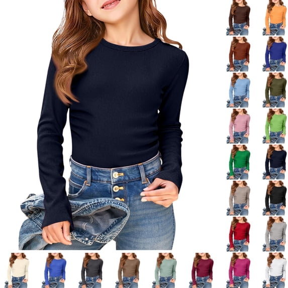 Bmisegm Girls T Shirts Girls Long Sleeve Ribbed Stretch Tee Slim Fit Casual Basic Top Comfortable Kids Shirt Ages 4-12Y Girls' Tops Tees & Blouses Navy,13-14 Years