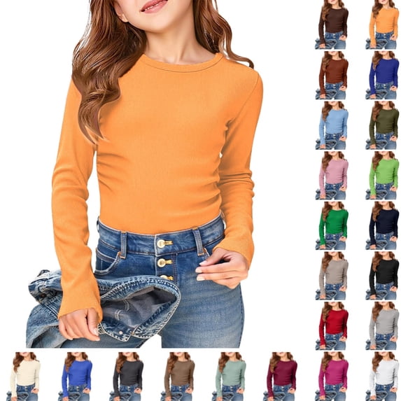 Bmisegm Girls T Shirts Girls Long Sleeve Ribbed Stretch Tee Slim Fit Casual Basic Top Comfortable Kids Shirt Ages 4-12Y Girls' Tops Tees & Blouses Orange,9-10 Years