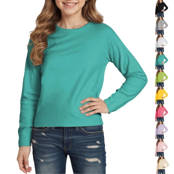 Bmisegm Girls Tops Children Kids Fall Winter Long Sleeve Crewneck Solid Basic Tee for Boys and Girls 1-7 Years Boys T Shirts Green 3-4 Years