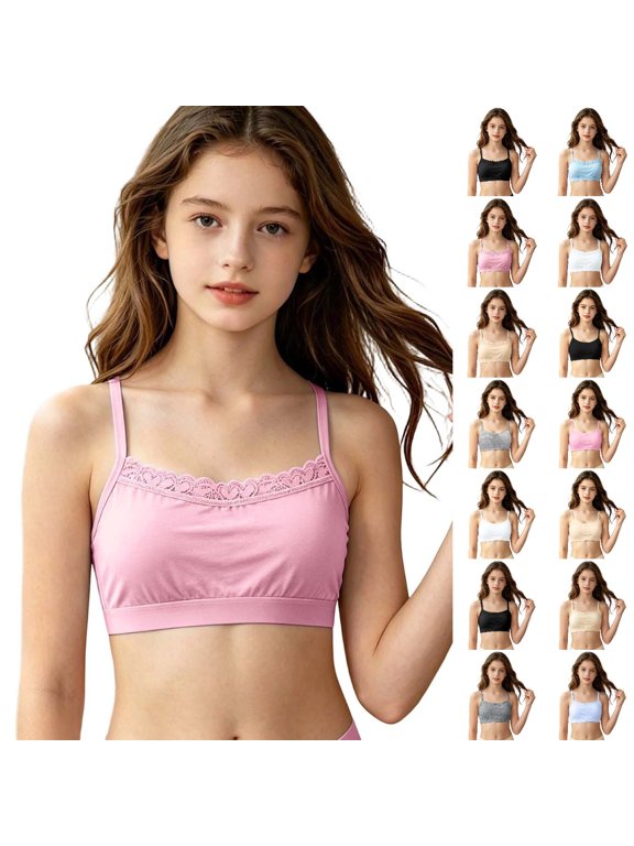 Girls Training Bra Seamless Half Camisole Lace Breathable Vest Top for Tweens Girls Underwear 7-12Y 01_Pink,7-12 Years
