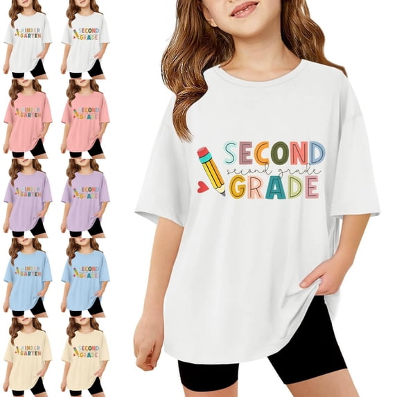 Bmisegm Girls Tshirts Casual Round Neck Graphic Print Loose Fit Tee for 2nd Grade School Outdoor Activities Spring Summer Fall Everyday Wear Ages 3-14 for Beach Tops 02_White,7-8 Years