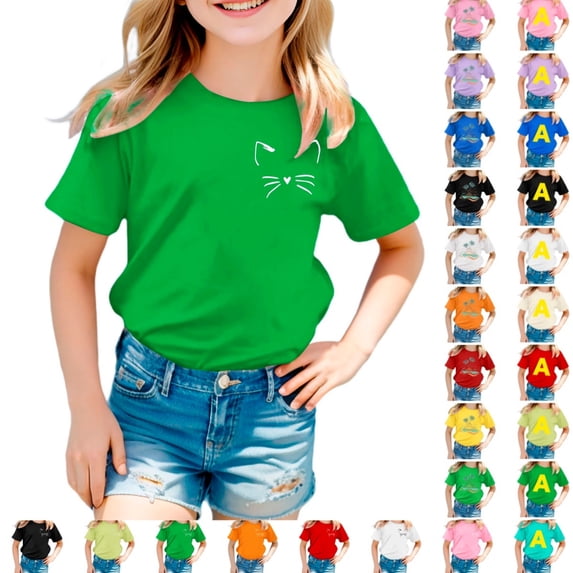 Bmisegm Girls Tshirts Kids' Cat Print T Shirt Casual Comfortable Top for Boys and Girls Ages 3-12Y Cute Summer Tops 02_Green,5-6 Years