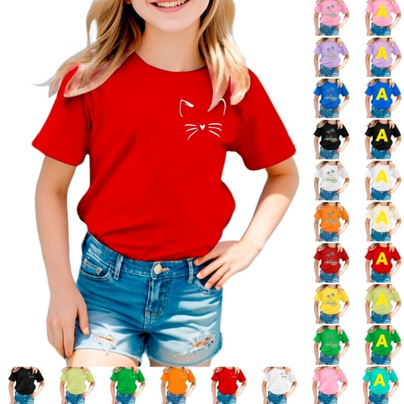 Bmisegm Girls Tshirts Kids' Cat Print T Shirt Casual Comfortable Top for Boys and Girls Ages 3-12Y Cute Summer Tops 02_Red,3-4 Years