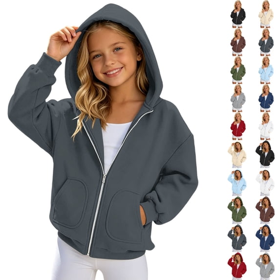 Bmisegm Girls Zip Up Hooded Sweatshirt Solid Color Casual Hoodie Jacket Lightweight For Kids Daily Comfort Juniors Tops,01_Dark Gray,8-9 Years