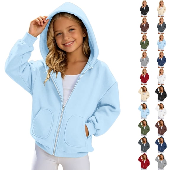 Bmisegm Girls Zip Up Hooded Sweatshirt Solid Color Casual Hoodie Jacket Lightweight For Kids Daily Comfort Juniors Tops,01_Light Blue,12-13 Years