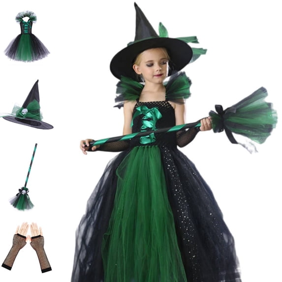 Bmisegm Halloween for Girls Spaghetti Strap Witch Dress with Bow and Shoulder Accent Long Tiered Tutu Skirt Girls Dresses 6-7 Years