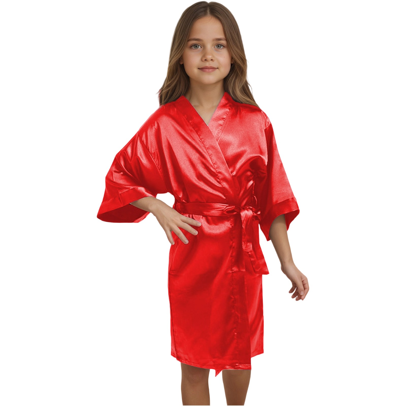 Pijamas para fiestas, bata kimono ligera de color liso para niños y niñas, imitación seda, para casa, de 5 a 14 años, pijama para niña, rojo, 5-6 años