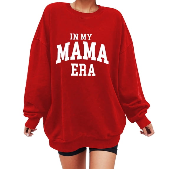 Bmisegm In My Mama Sweatshirt Oversized Mom Sweatshirt Women Casual Letter Print Long Sleeve Pullover Sweatshirts for Women Red L