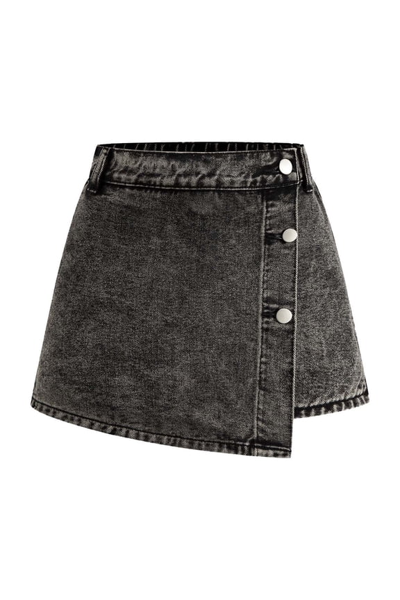 Jean Shorts for Distressed Washed Snowflake Design Button Front Casual Stretch Denim Skort for Youth Flare Pants Black,12-13 Years