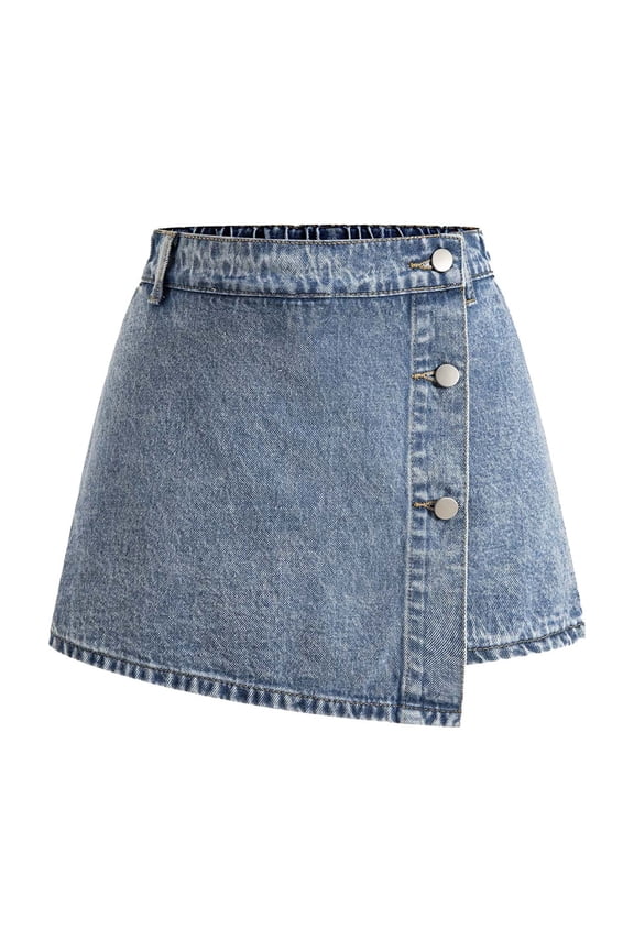 Jean Shorts for Distressed Washed Snowflake Design Button Front Casual Stretch Denim Skort for Youth Flare Pants Blue,13-14 Years