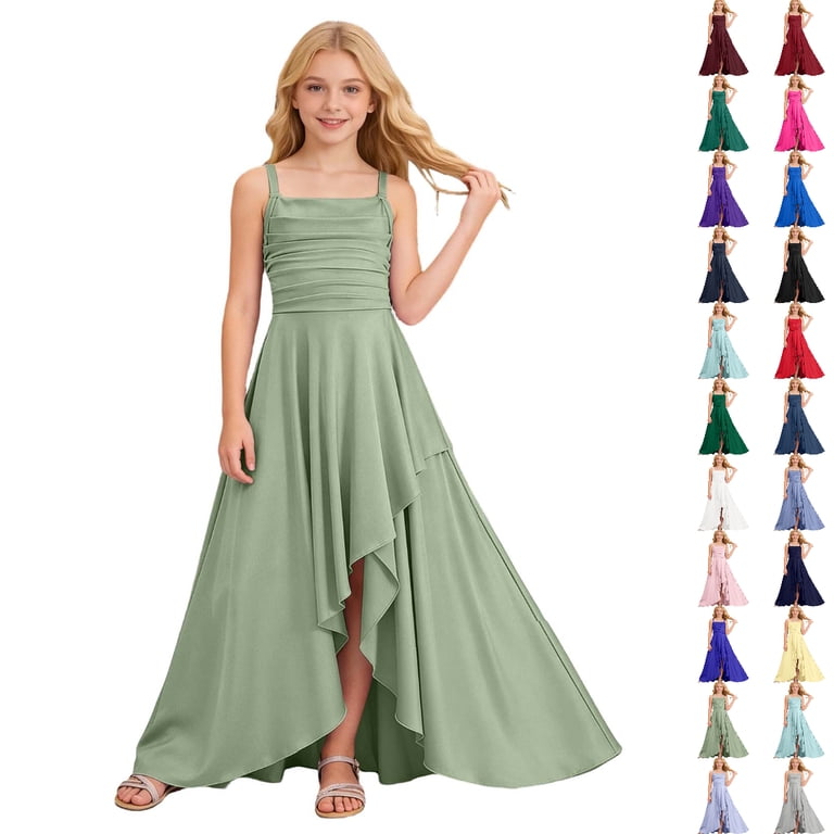 Bmisegm Junior Dresses Tiered Ruffle Party Dress with Top Ruched Waist Asymmetrical Bow Back Detail Long Flowy Dress for Girls 6-16 Years 02_Green,15
