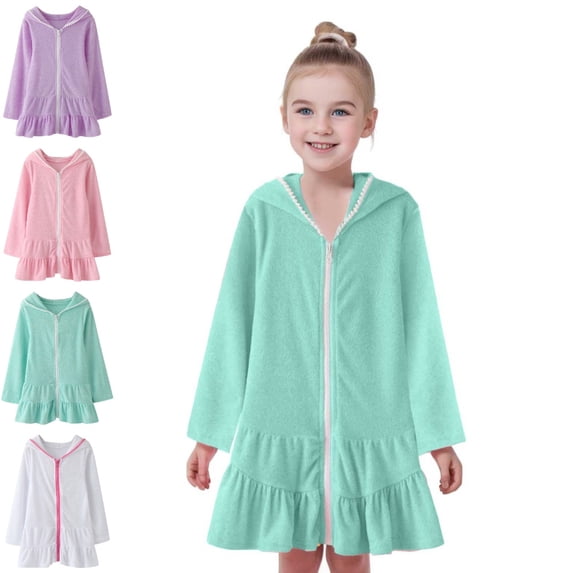 Bmisegm Kids Dress Hooded Zip Front Long Sleeve Ruffle Hem Casual Beach Swim Cover up Dress Dresses for Girls 1-2 Years
