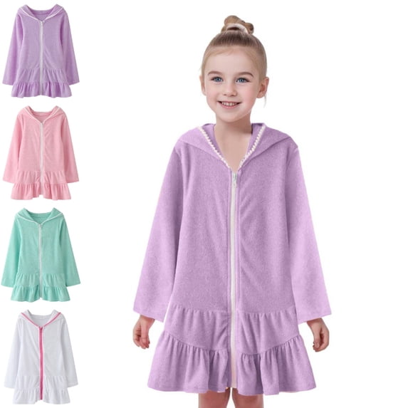 Bmisegm Kids Dress Hooded Zip Front Long Sleeve Ruffle Hem Casual Beach Swim Cover up Dress Dresses for Girls 2-3 Years