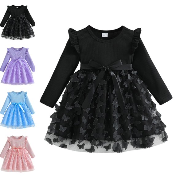 Bmisegm Kids Dress Long Sleeve Round Neck Tie Waist 3D Butterfly Decor Tiered Flowy Skirt Casual Girls' Dresses 4-5 Years