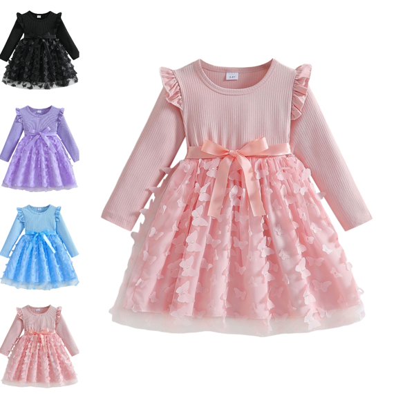 Bmisegm Kids Dress Long Sleeve Round Neck Tie Waist 3D Butterfly Decor Tiered Flowy Skirt Casual Girls' Dresses 7-8 Years