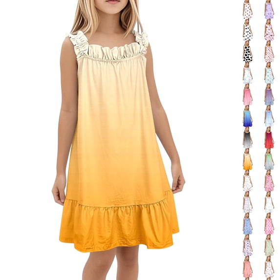 Bmisegm Kids Dress Summer Floral Tiered Ruffle Spaghetti Strap Soft Cute A Line Nightgown for Girls Birthday Sleepwear Party Midi Summer Dress 5-14 Years 01_Orange,7-8 Years