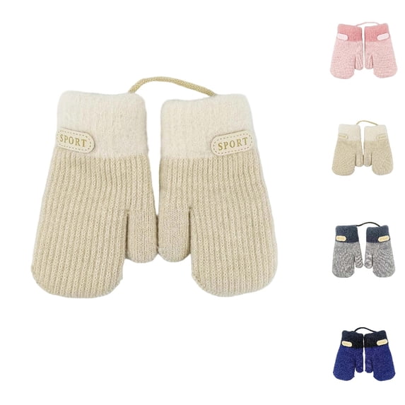 Bmisegm Kids Gloves Mittens Detachable Lanyard Double Layer Thermal Knitted Leather Patch Boys Girls Beige