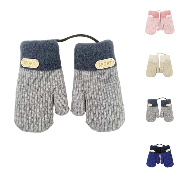 Bmisegm Kids Gloves Mittens Detachable Lanyard Double Layer Thermal Knitted Leather Patch Boys Girls Grey