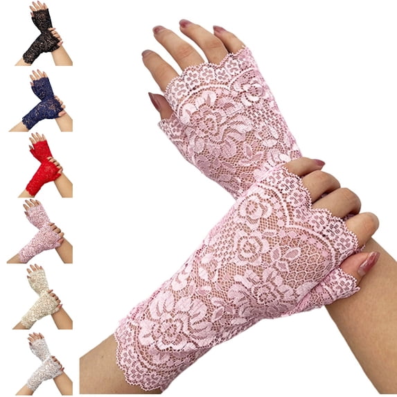Bmisegm Lace Gloves Fingerless Floral Lace Pattern with Touchscreen for Women Outdoor Sun Gloves Pink One Size