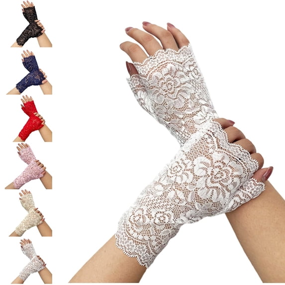 Bmisegm Lace Gloves Fingerless Floral Lace Pattern with Touchscreen for Women Outdoor Sun Gloves White One Size