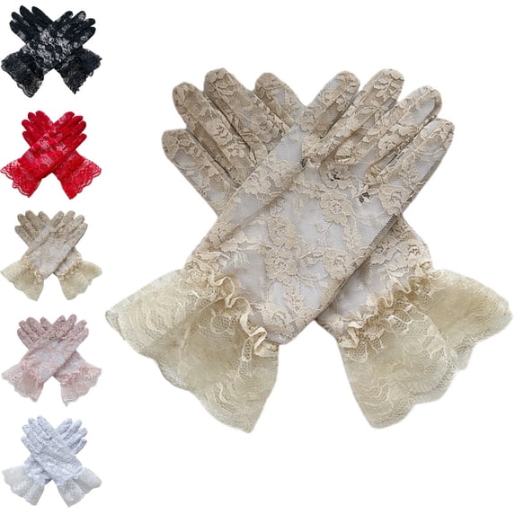 Bmisegm Lace Gloves Full Finger with Ruffle Edge for Girls Party Halloween Gloves for Kids Beige One Size