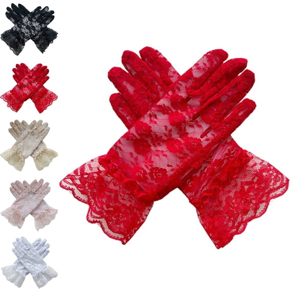 Bmisegm Lace Gloves Full Finger with Ruffle Edge for Girls Party Halloween Gloves for Kids Red One Size