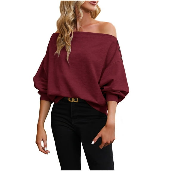 Bmisegm Ladies Autumn Necked off Shoulder Sweatshirt Sweatshirt for Women and Comfortable Red S