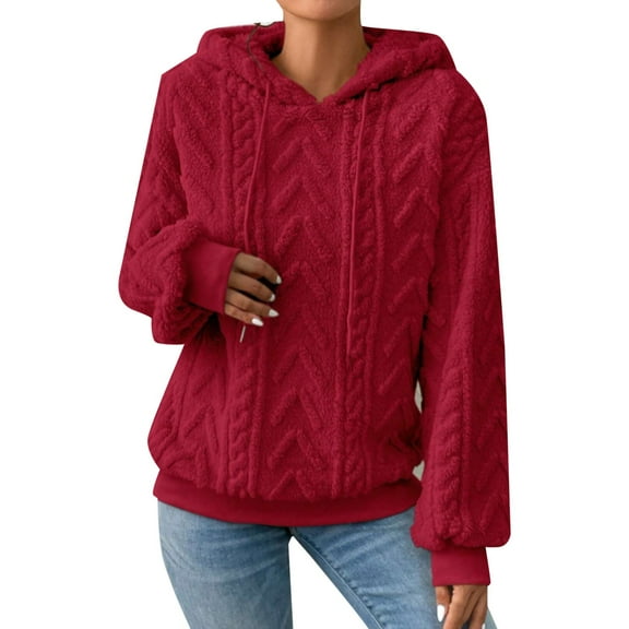 Bmisegm Ladies Drop Shoulder Drawstring Hooded Teddy Long Sleeve Casual Sweater Pullover Hoodies for Women L