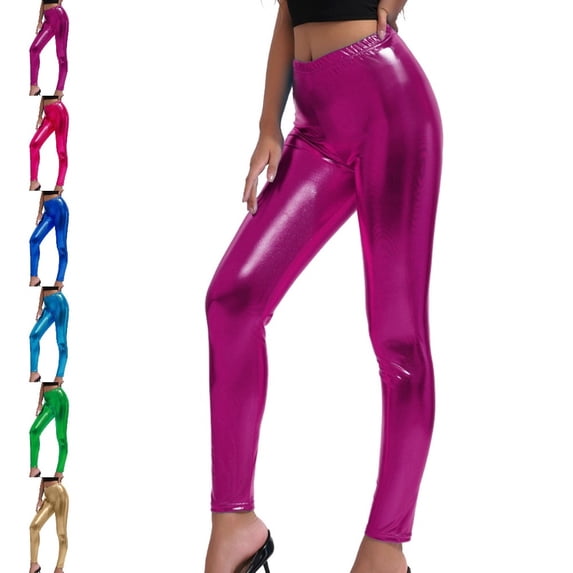Bmisegm Leggings for Women Metallic Shine High Waist Elastic Slim Fit Solid Carnival Bottoms Womens Pants