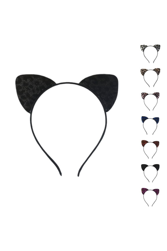 Leopard Cat Ears Headbands Glitter Flocking Cat Ear Headband for Woman Party Supplies Black