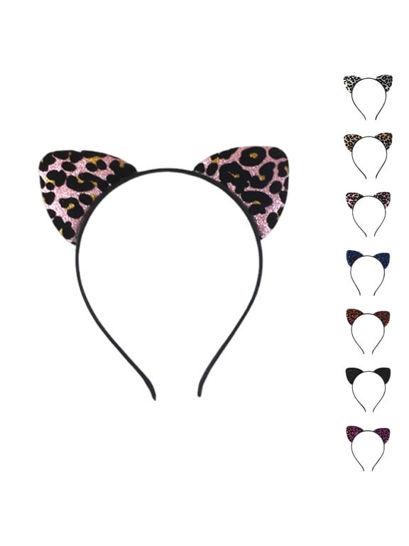 Leopard Cat Ears Headbands Glitter Flocking Cat Ear Headband for Woman Party Supplies Pink