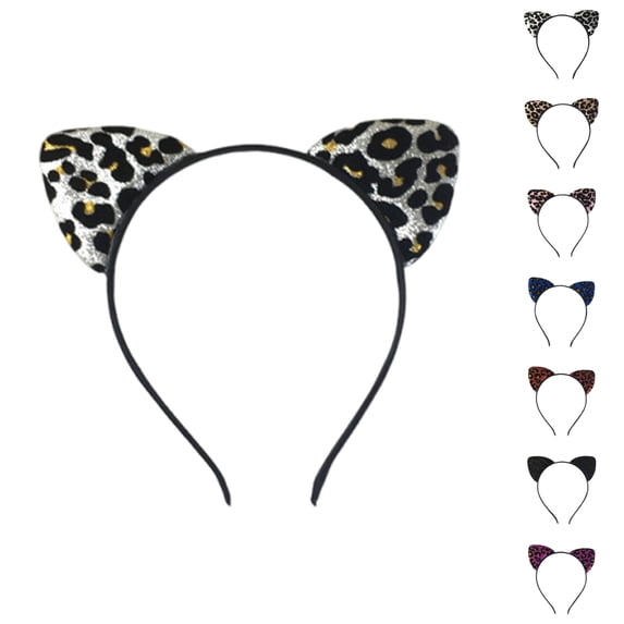Bmisegm Leopard Cat Ears Headbands Glitter Flocking Cat Ear Headband for Woman Party Supplies Silver