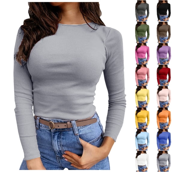 Bmisegm Long Sleeve Tops for Women Stretch Crew Neck Ribbed T Shirt Casual Basic Solid Daily Tops Womens Tops Grey_002 XL