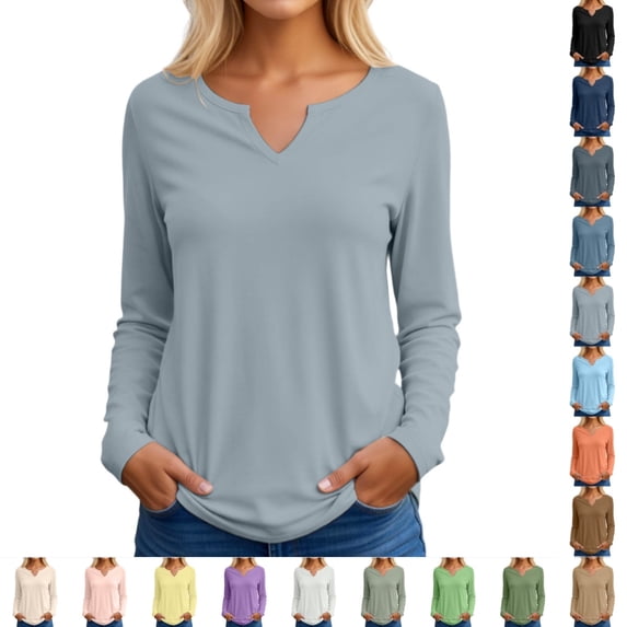 Bmisegm Long Sleeve Tops for Women V Neck Casual Blouse Loose Fit Solid Color Tops Everyday Womens Tops Light Blue XXXL