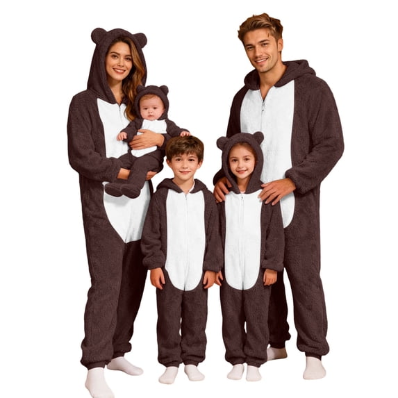 Bmisegm Matching Family Christmas Pajamas Cute Bear Ear Hooded Zippered Jumpsuit Long Sleeve Cozy Warm Sleepwear for Men