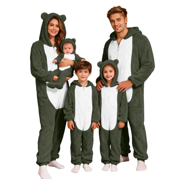 Bmisegm Matching Family Christmas Pajamas Cute Bear Ear Hooded Zippered Jumpsuit Long Sleeve Cozy Warm Sleepwear for Men