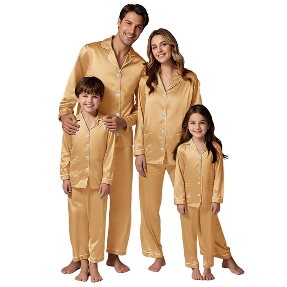 Bmisegm Matching Family Christmas Pajamas Solid Button Front Long Sleeve Top with Pants Pajamas Set Silk Like Sleepwear
